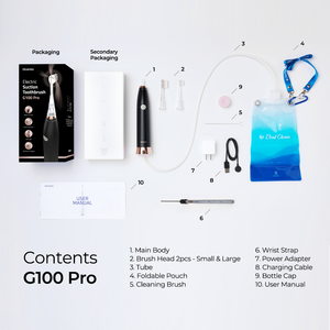 Bluereo electric suction toothbrush G100 Pro full package kit showing included items accessories and packaging contents